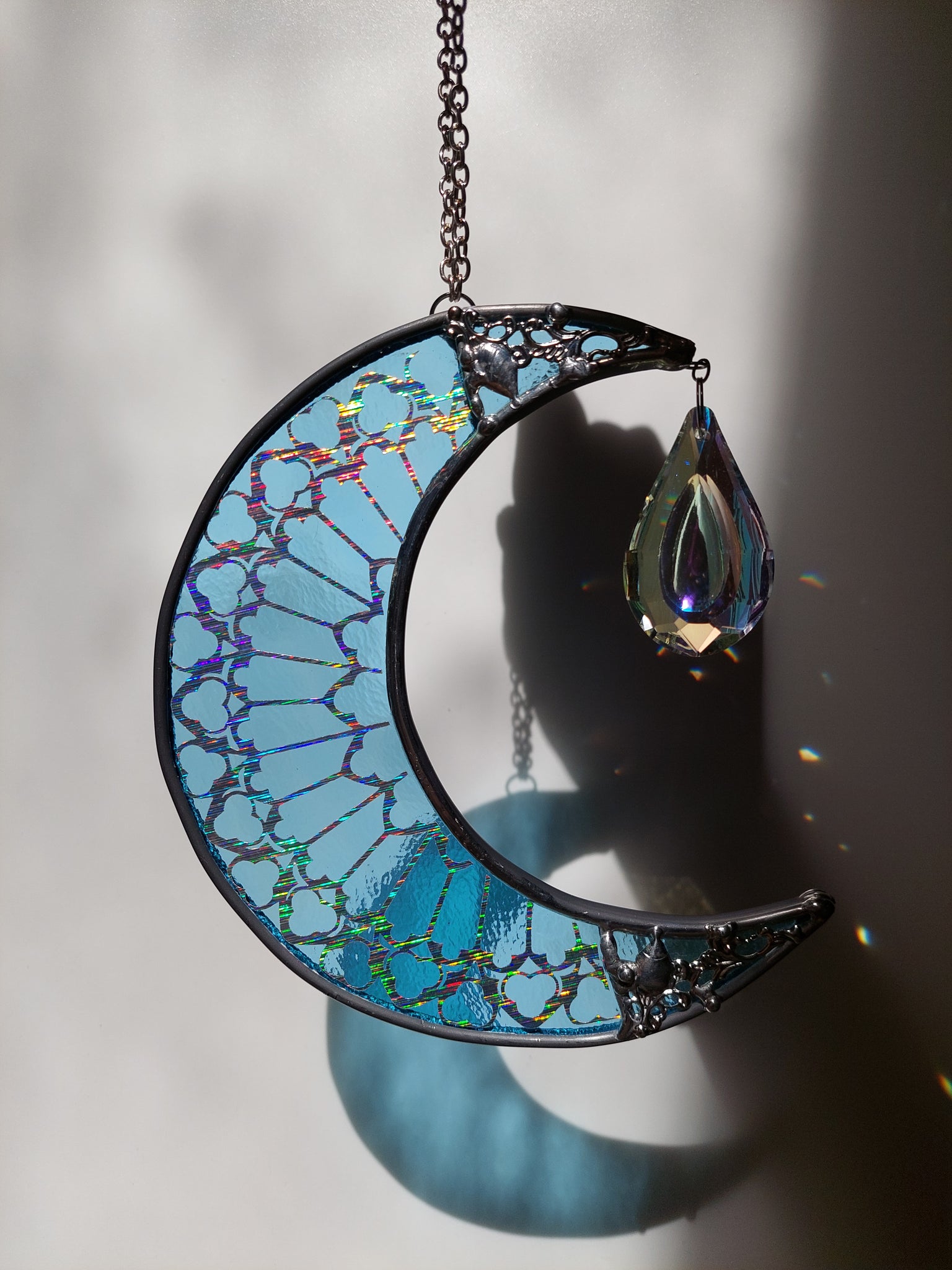 Gothic cathedral crescent moon - turquoise glass, silver decorations –  Cemetery Lane Design